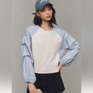 Anthropologie Blue and Gray Striped Puff-sleeve Blouse